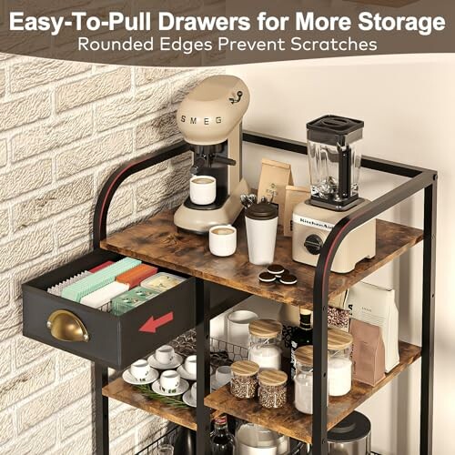 Kitchen shelf with coffee maker, blender, and storage jars, featuring easy-to-pull drawers.