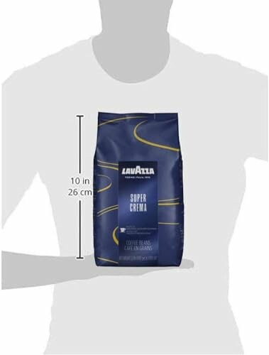 Lavazza Super Crema coffee bag with dimensions shown against a silhouette.