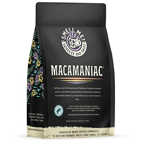 Macamaniac coffee bag with floral design and text