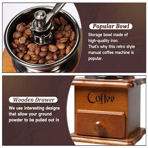 Manual coffee grinder with coffee beans and wooden drawer