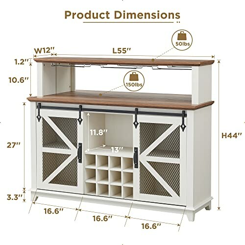 Modern sideboard with sliding barn doors and detailed dimensions.