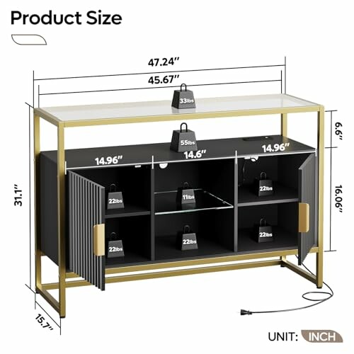 Dimensions of a modern sideboard with shelves and weight limits.