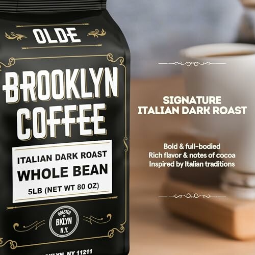 Brooklyn Coffee packaging with Italian Dark Roast Whole Bean label.