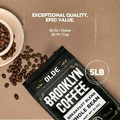 Olde Brooklyn Coffee package with coffee beans and price details.