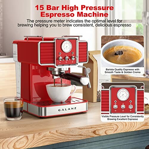 Red espresso machine with coffee cup and pressure meter