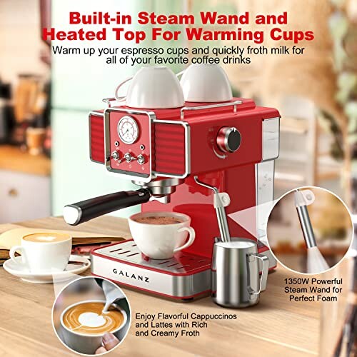 Red espresso machine with built-in steam wand and cup warmer, featuring a cup of coffee and milk frother nearby