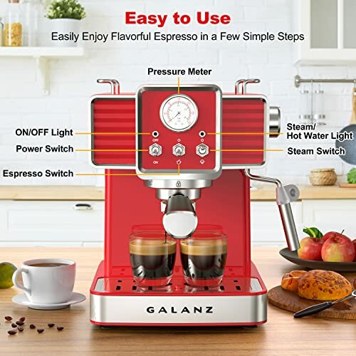 Red espresso machine with labeled parts and features.