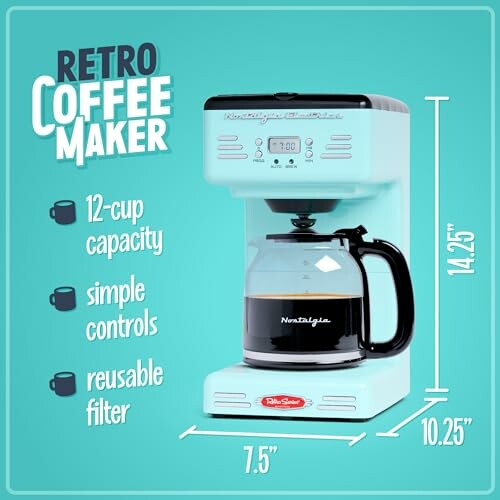 Retro coffee maker with 12-cup capacity, simple controls, reusable filter