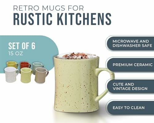 Set of 6 retro mugs for rustic kitchens, 15 oz, featuring premium ceramic, cute vintage design, microwave and dishwasher safe.