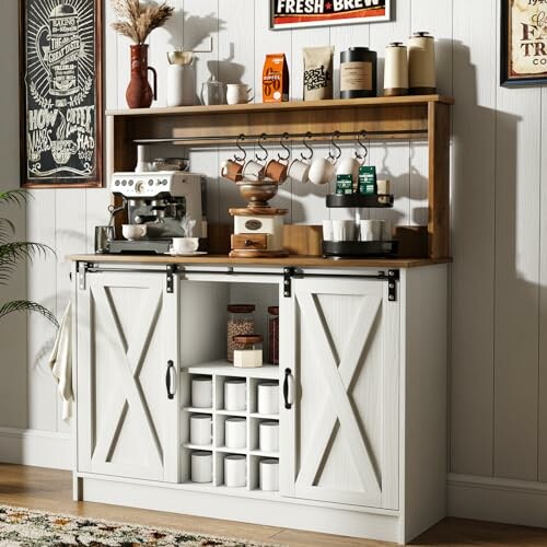 Rustic coffee bar with a white cabinet, espresso machine, and mugs.