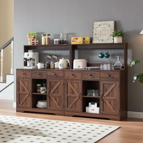 Rustic kitchen cabinet with small appliances and storage.