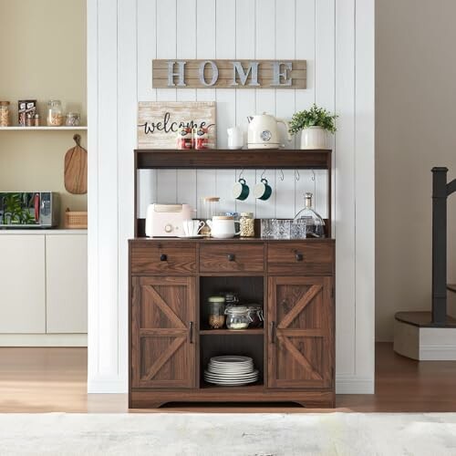 Rustic kitchen cabinet with dishes and decor, HOME sign on wall.