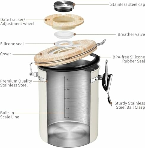 Exploded view of a stainless steel canister with labeled parts including a lid, seals, and clasps.