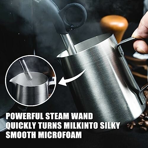 Steam wand creating silky microfoam in milk pitcher.