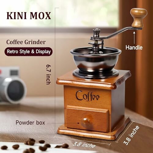 Vintage coffee grinder with labeled parts and dimensions