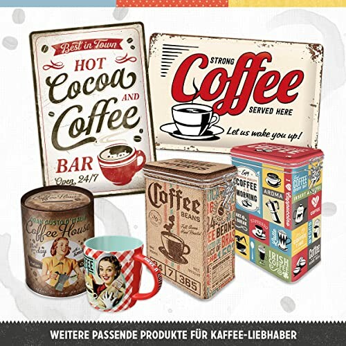 Collection of vintage coffee signs and tins with retro designs.