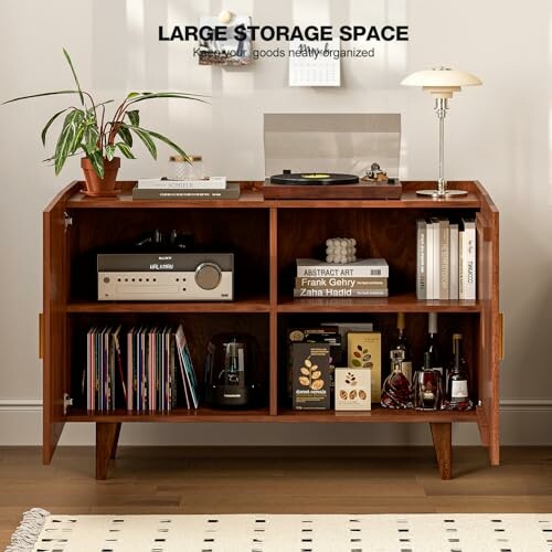 Wooden cabinet with storage, books, vinyl records, and decor items.