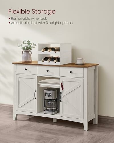 White storage cabinet with removable wine rack and adjustable shelf.