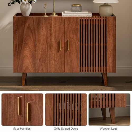 Wooden cabinet with metal handles and grille striped doors.