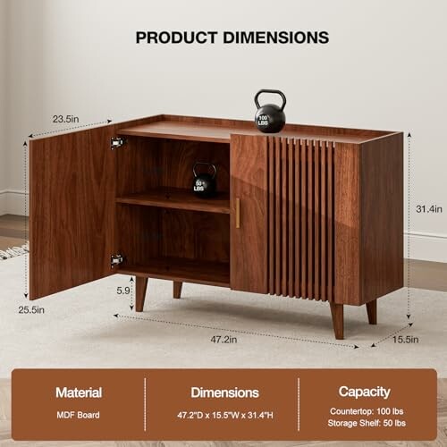 Wooden cabinet with open door showing shelves, dimensions, and weight capacity.