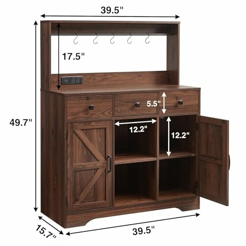 Wooden kitchen storage cabinet with dimensions and shelves.