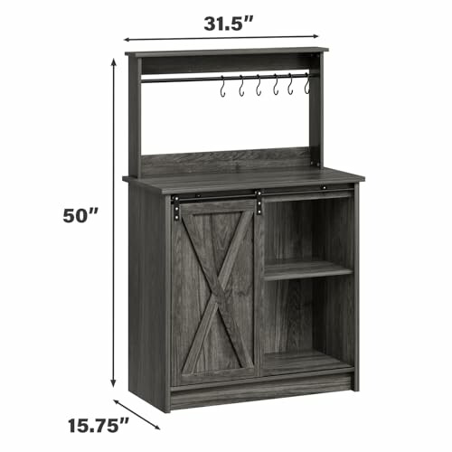 Wooden storage cabinet with hooks and shelves, dimensions 31.5x50x15.75 inches.