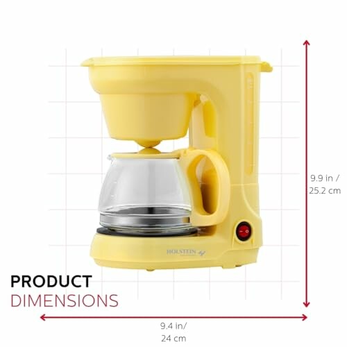 Yellow coffee maker with product dimensions.